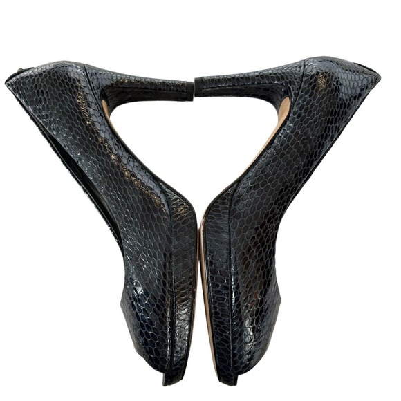Stuart Weitzman Open Toe Black Patent Leather Snakeskin Print Heels. Sz 8.5. EUC - Picture 11 of 13